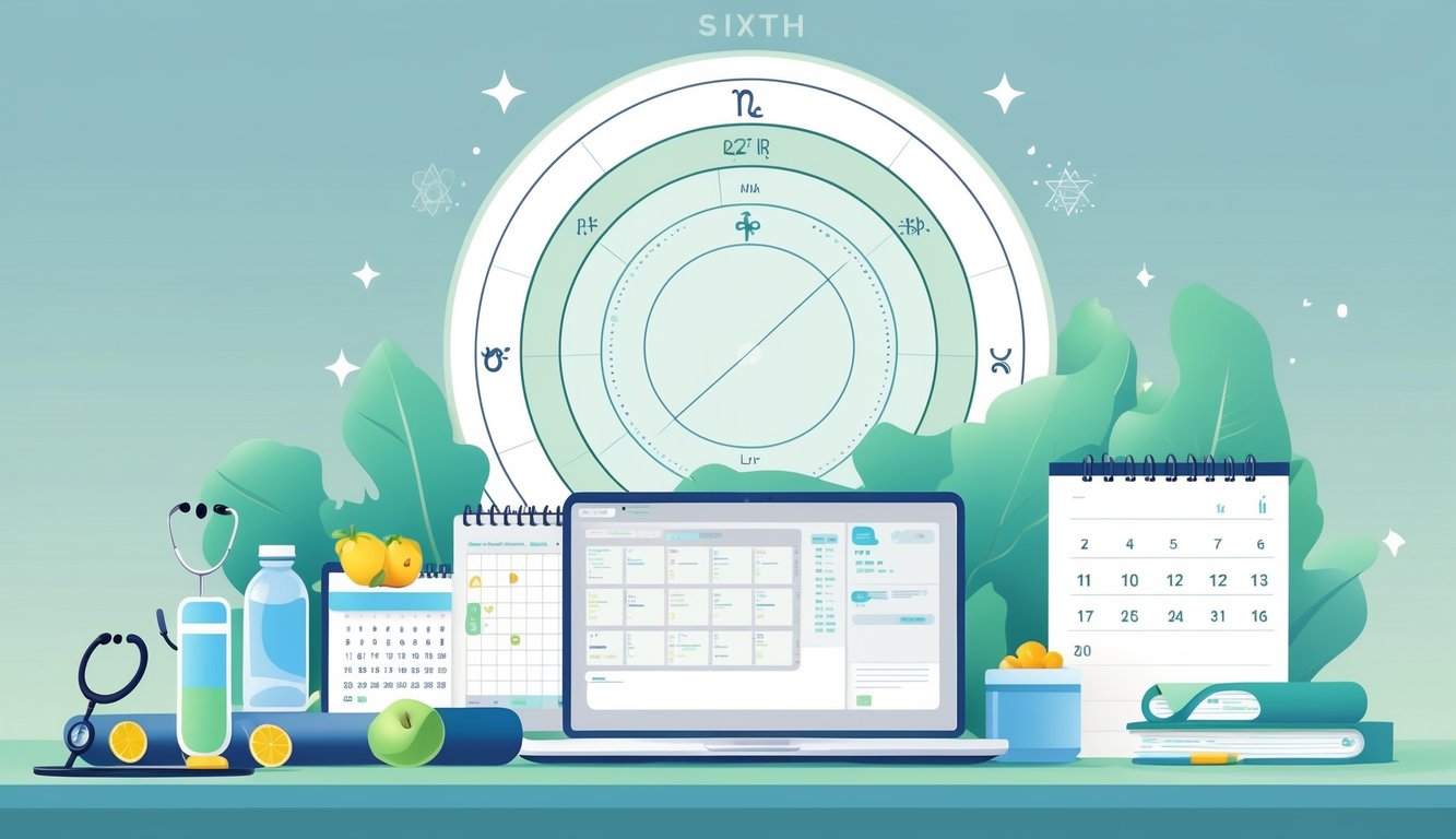 A workspace with health-related items like a stethoscope and fruits alongside work tools such as a laptop and calendar, with a faint astrological chart in the background.