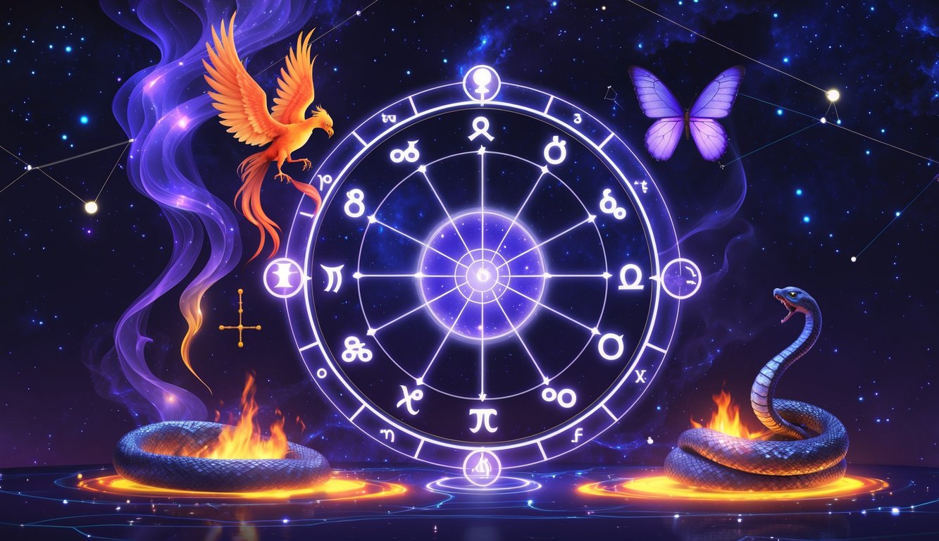 A cosmic scene showing a glowing astrological chart focused on the Eighth House, surrounded by a phoenix, butterfly, and serpent, set against a starry night sky with constellations and celestial symbols.