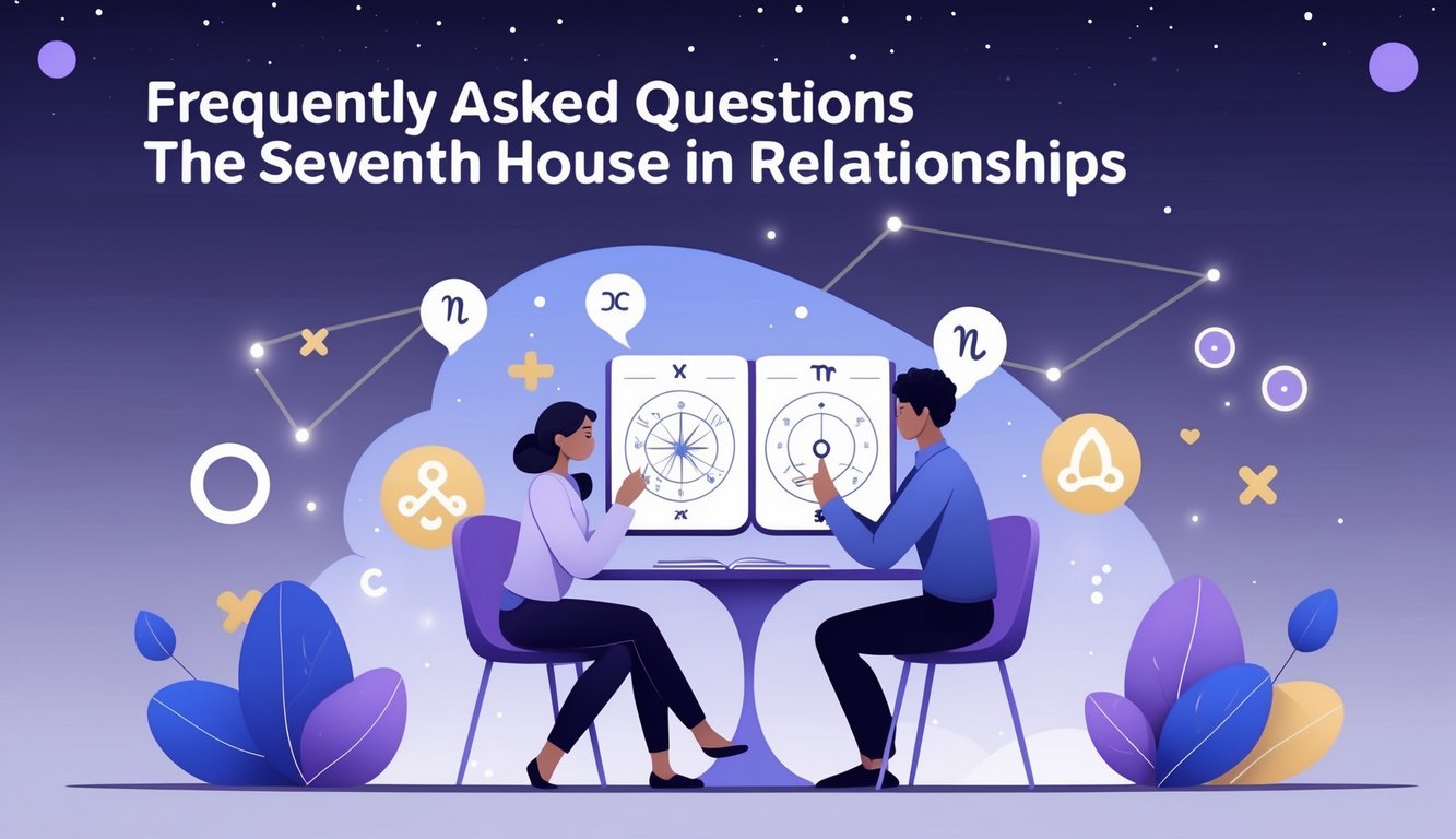 Two people discussing astrology charts about relationships with symbols of hearts, rings, and zodiac signs around them under a starry sky.
