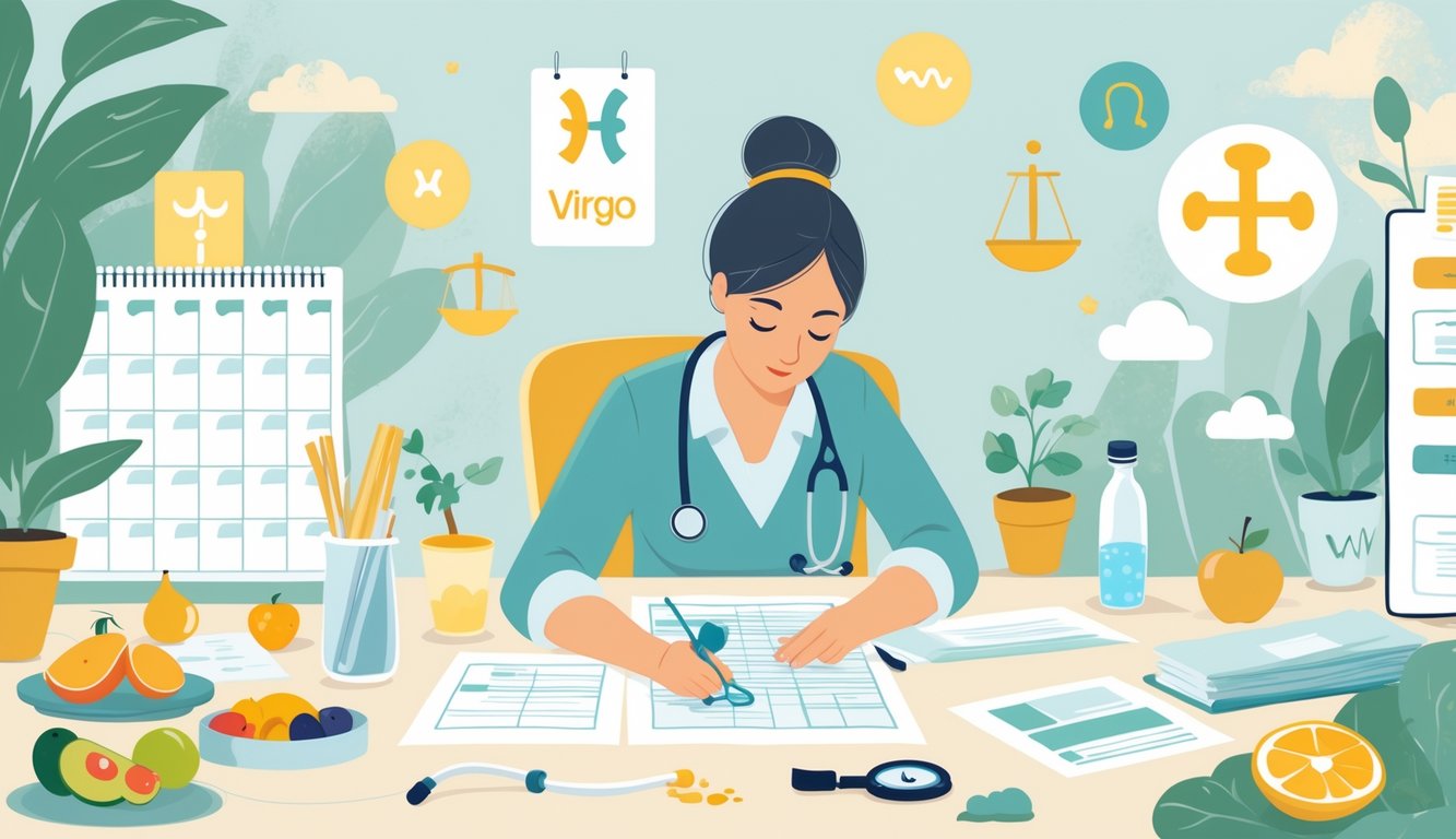 A person working at a tidy desk surrounded by health-related items and subtle astrological symbols representing balance and wellness.
