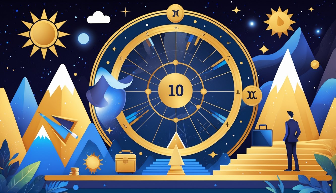 An astrological chart highlighting the Tenth House with symbols of career and achievement, featuring a person standing at the base of stairs leading upward.