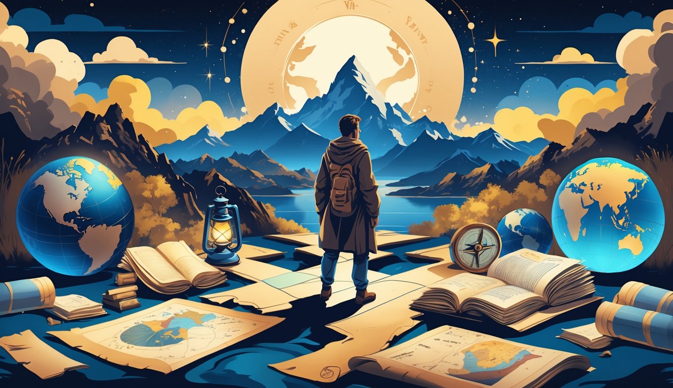 A traveler stands at a crossroads surrounded by maps, globes, and books with mountains and a distant horizon in the background.