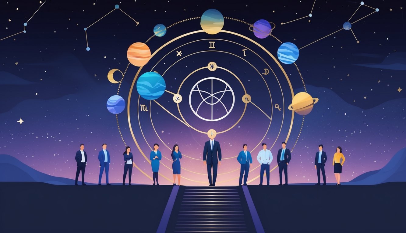 A cosmic scene showing planets and zodiac symbols above a group of diverse professionals ascending a path toward a central astrological symbol representing career achievement.