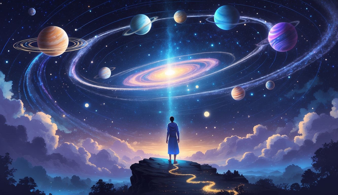 A person standing on a rocky ledge looking up at colorful planets and stars in a vast night sky, with a winding path leading into the cosmos.