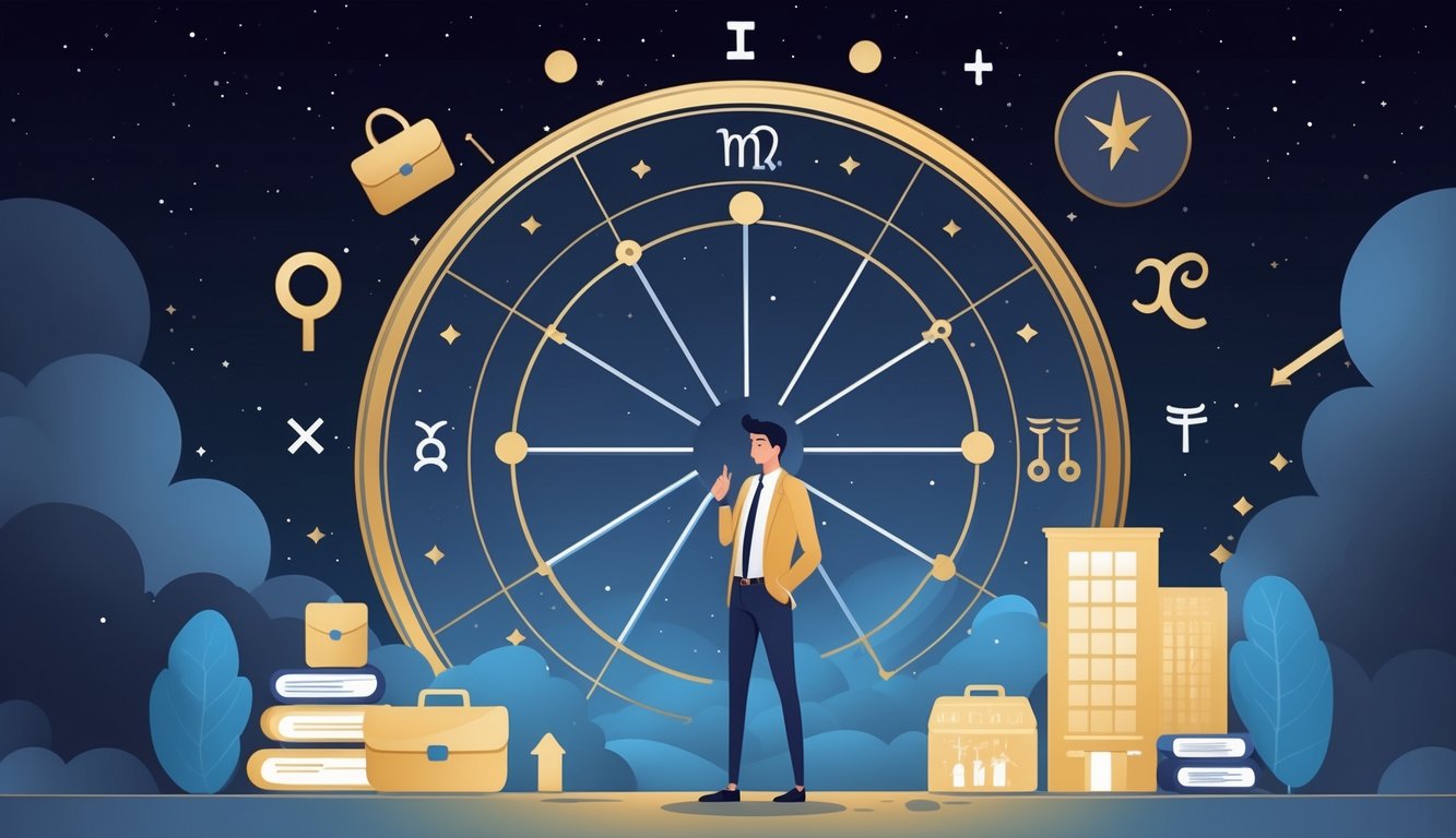 A person standing thoughtfully in front of a celestial chart highlighting the tenth house, surrounded by career-related icons and zodiac symbols under a starry sky.