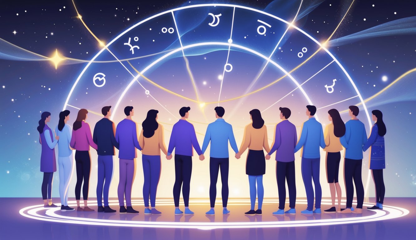A diverse group of people standing in a circle connected by glowing threads with a cosmic zodiac wheel in the background highlighting the Eleventh House.