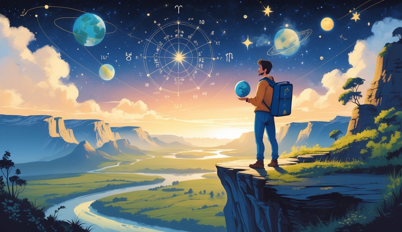 A traveler standing on a cliff holding a globe and a book, overlooking mountains and a river under a sky with stars and astrological symbols.