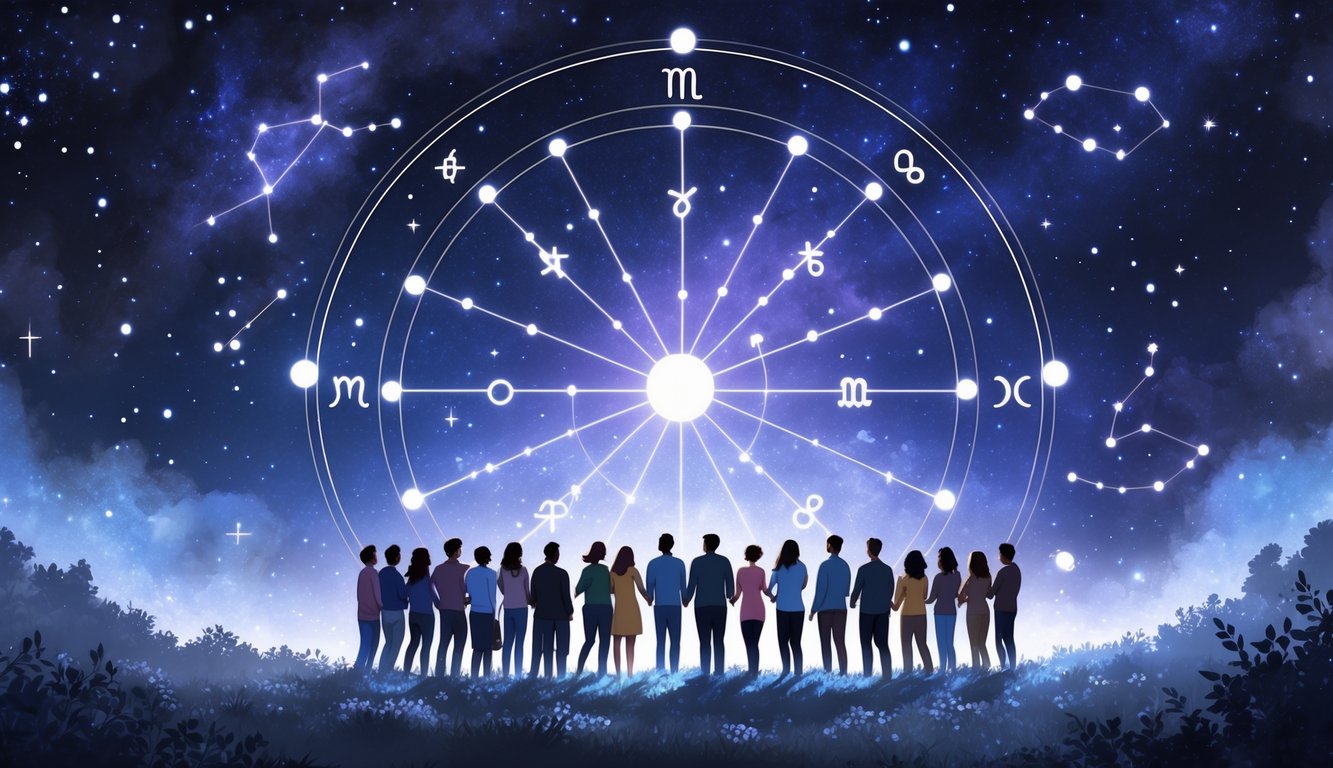 A group of people standing in a circle under a starry sky with zodiac symbols and an astrological chart highlighting the Eleventh House above them.