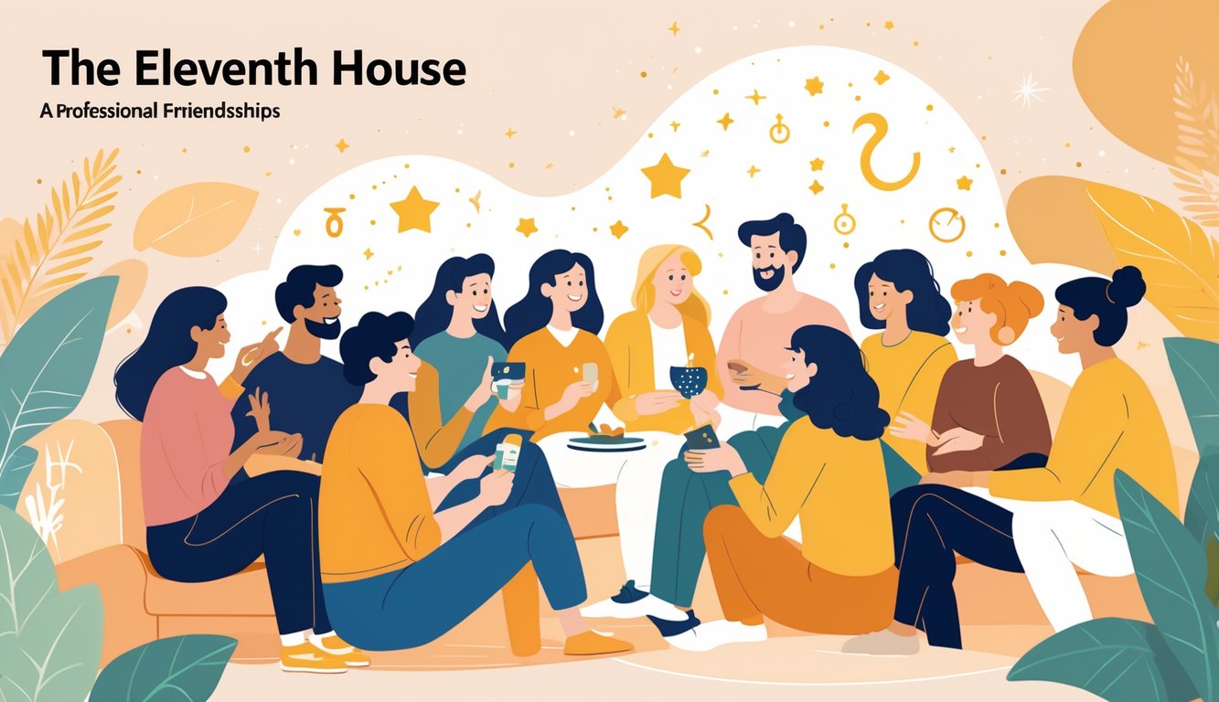 A group of diverse people gathered together, smiling and interacting warmly in a cozy setting with subtle star and constellation patterns in the background.