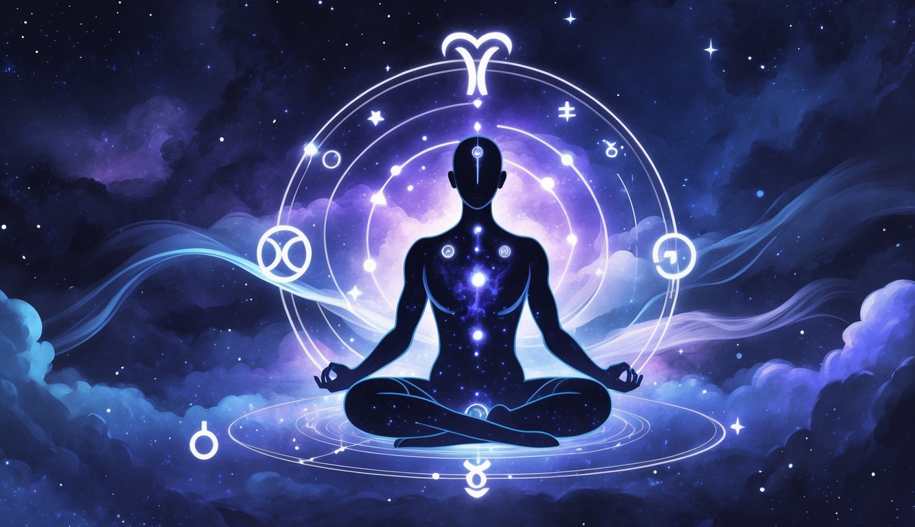 A meditating human figure surrounded by swirling light waves and celestial symbols against a starry cosmic background.