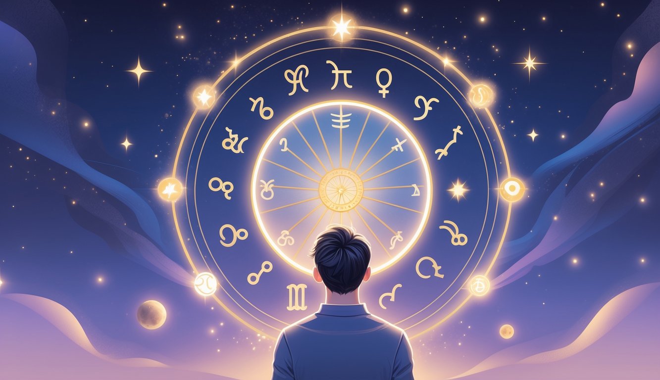 A person looking up at a glowing zodiac wheel in the night sky surrounded by stars and cosmic elements.