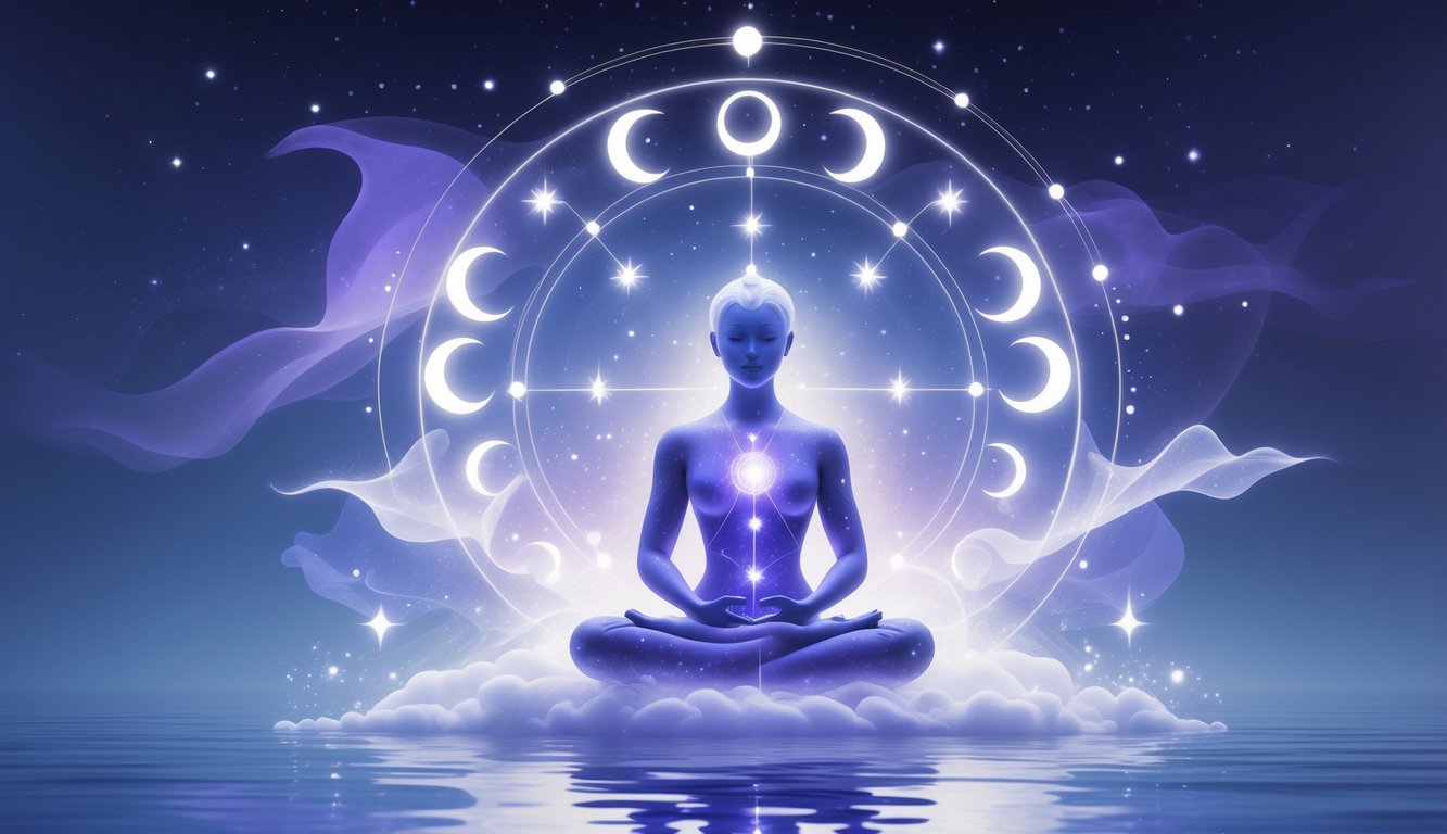 A meditative figure surrounded by flowing water and cosmic symbols, representing healing and the subconscious mind.