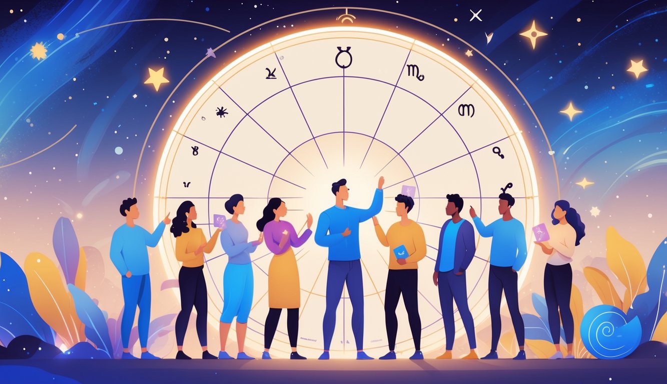 A group of people gathered around a glowing zodiac wheel with the rising sign highlighted, surrounded by stars and cosmic patterns.