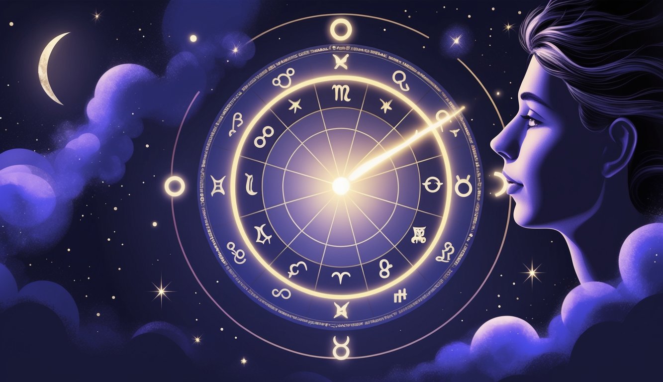 A glowing zodiac wheel with an arrow pointing to the Ascendant sign, surrounded by stars and cosmic elements, with a human face silhouette looking at it.