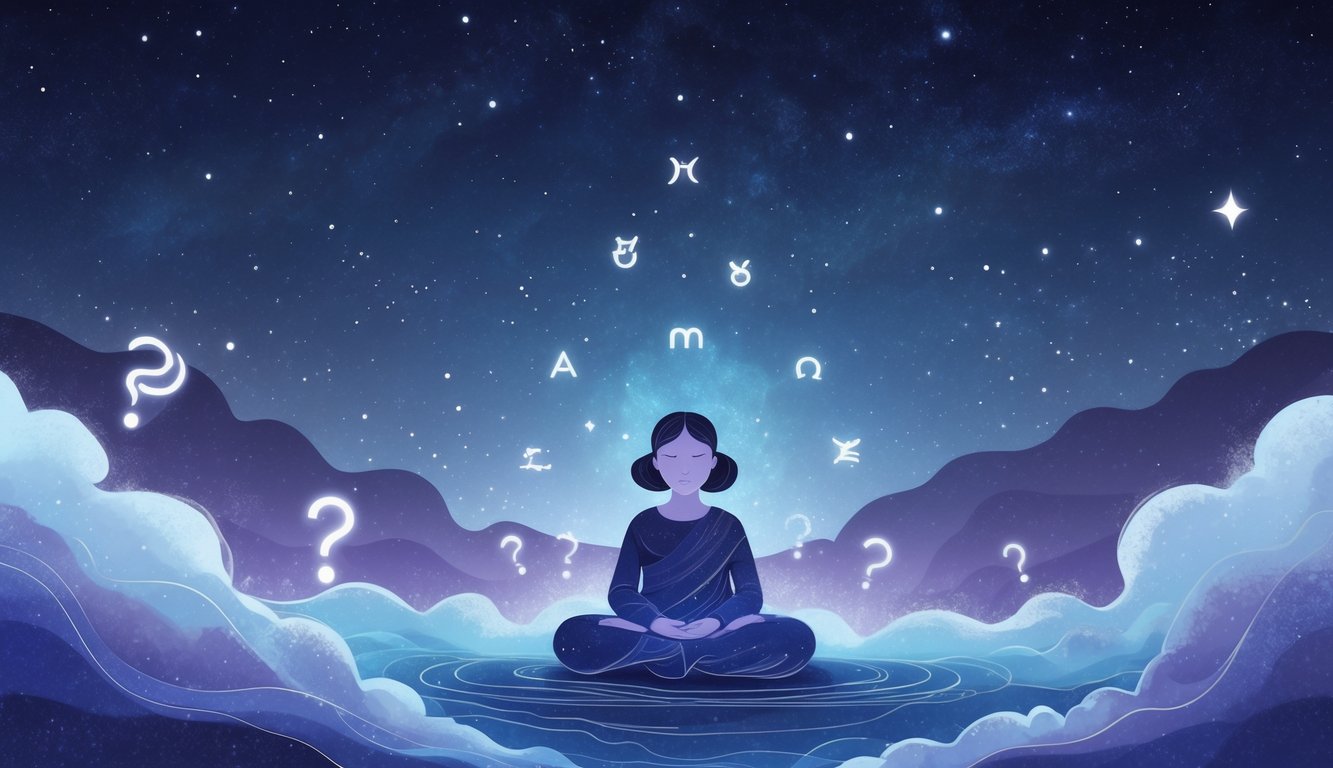 A person with closed eyes surrounded by stars and ethereal waves, symbolizing the subconscious mind under a night sky with subtle zodiac signs.