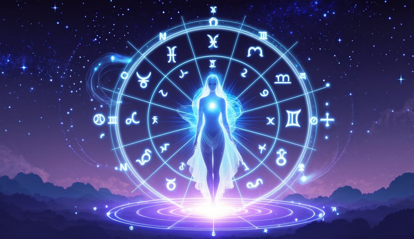 A glowing zodiac wheel with a luminous figure emerging from it, surrounded by stars and cosmic symbols against a deep night sky.