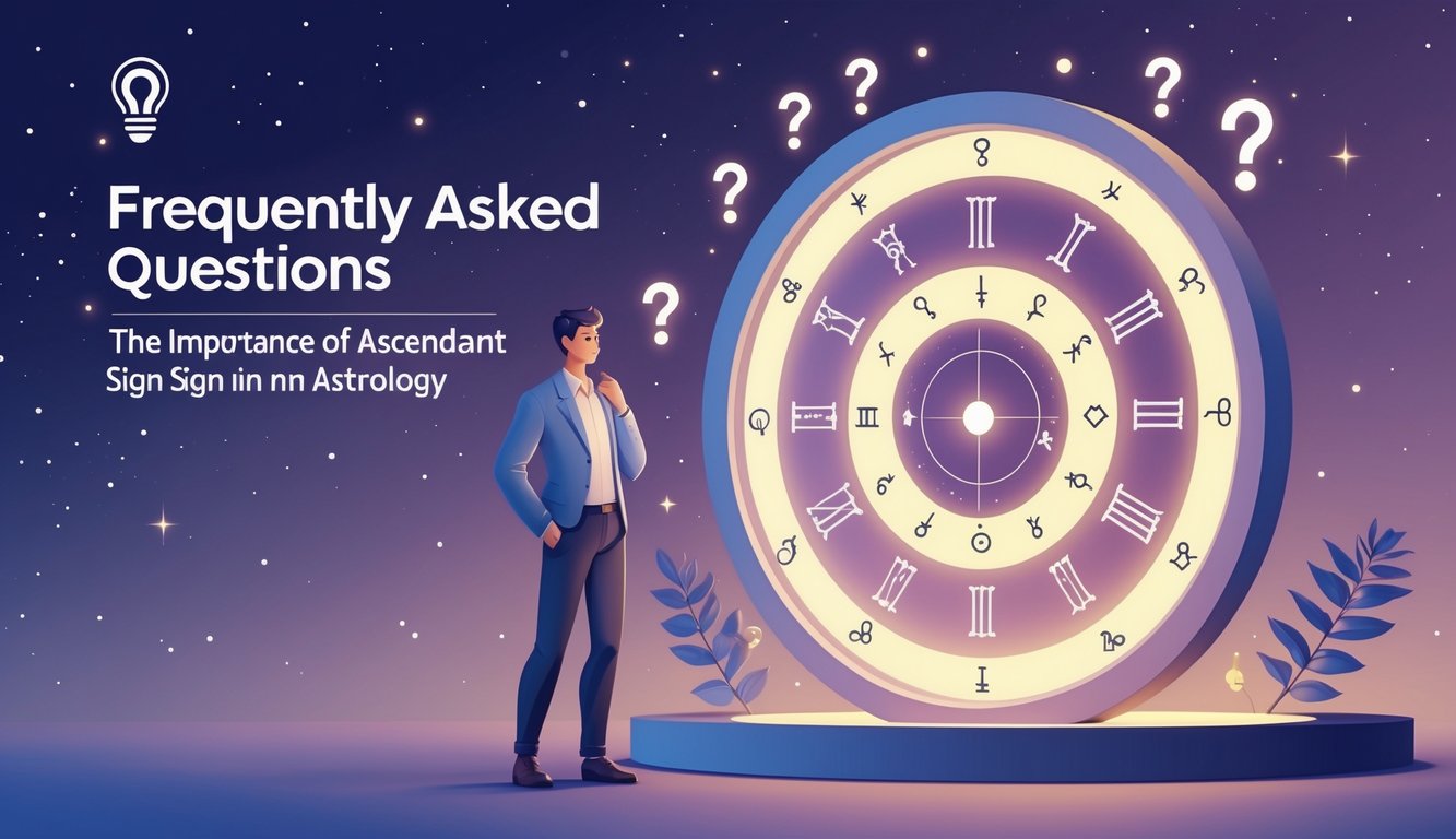 An astrologer standing next to a glowing zodiac wheel with floating question marks and lightbulb icons against a starry background.