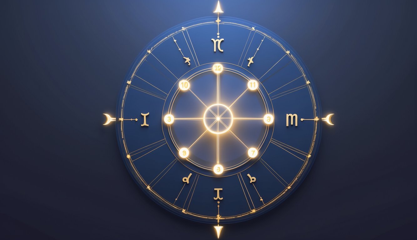A circular astrological chart divided into twelve equal segments representing the natal chart houses, arranged around a central geometric design.