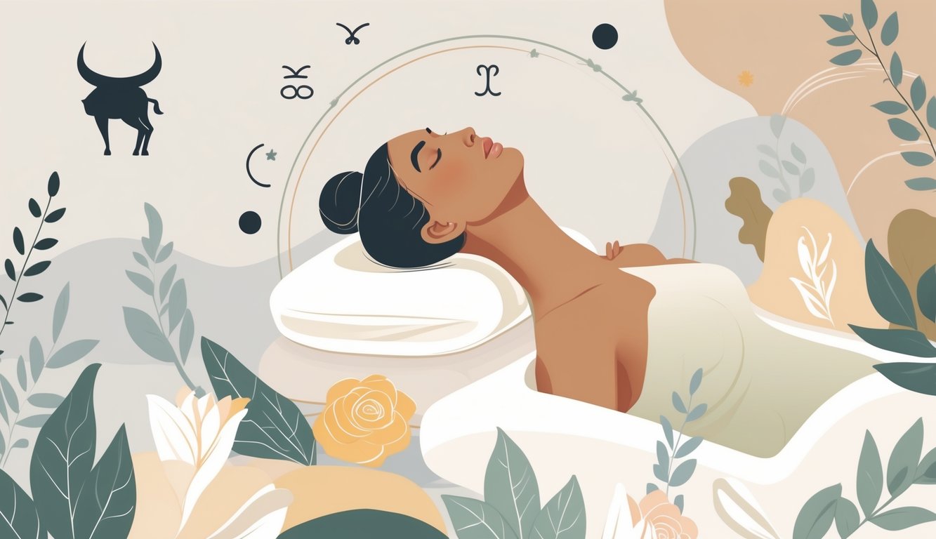 A person receiving a gentle neck massage in a calm setting with Taurus zodiac symbols and natural elements around them.