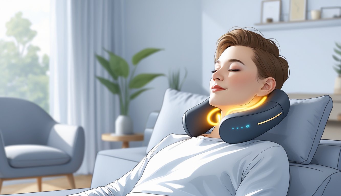 A person sitting comfortably using a Taurus Wellness Neck Massager around their neck in a cozy living room.
