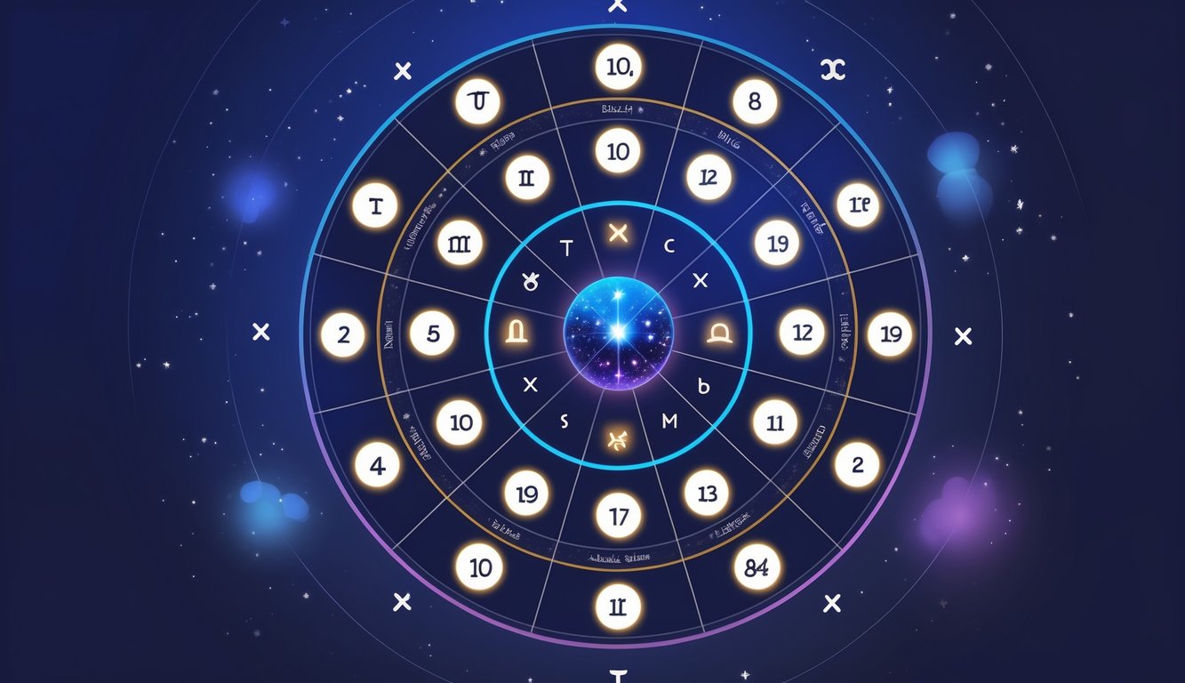 A circular zodiac wheel divided into twelve segments, each containing symbolic images representing the meanings of the twelve natal chart houses, with a glowing celestial sphere at the center against a starry night background.