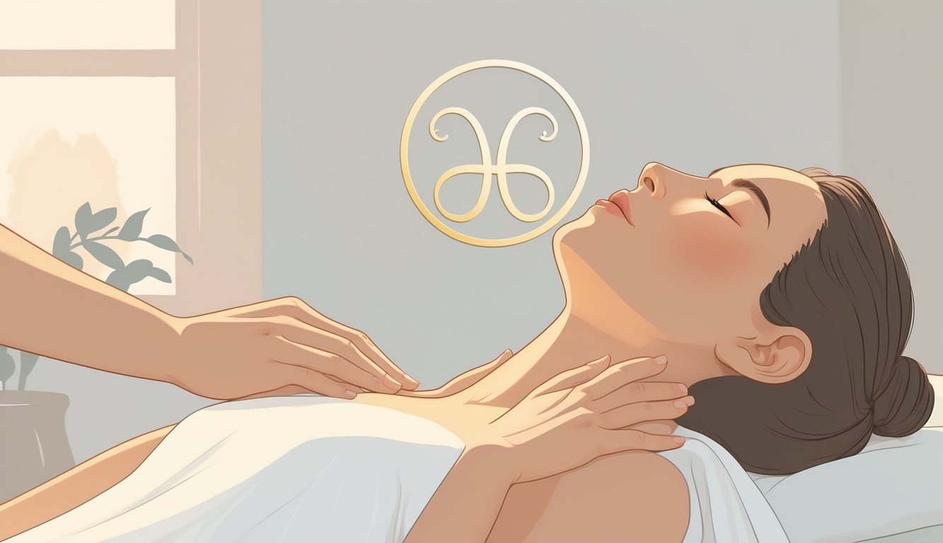 A person receiving a relaxing neck massage with the Taurus zodiac symbol subtly shown in the background.