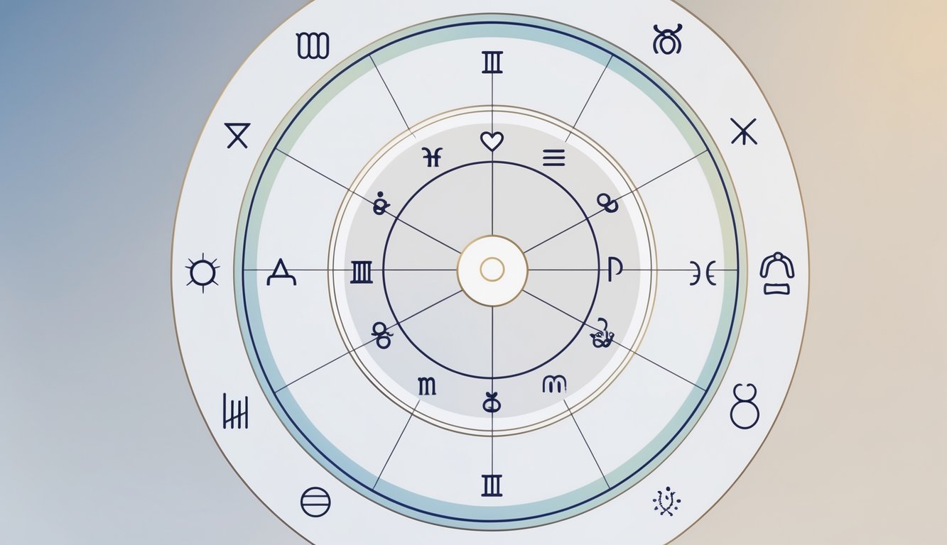 A detailed circular natal chart divided into twelve sections representing astrological houses with zodiac and planetary symbols arranged around it.