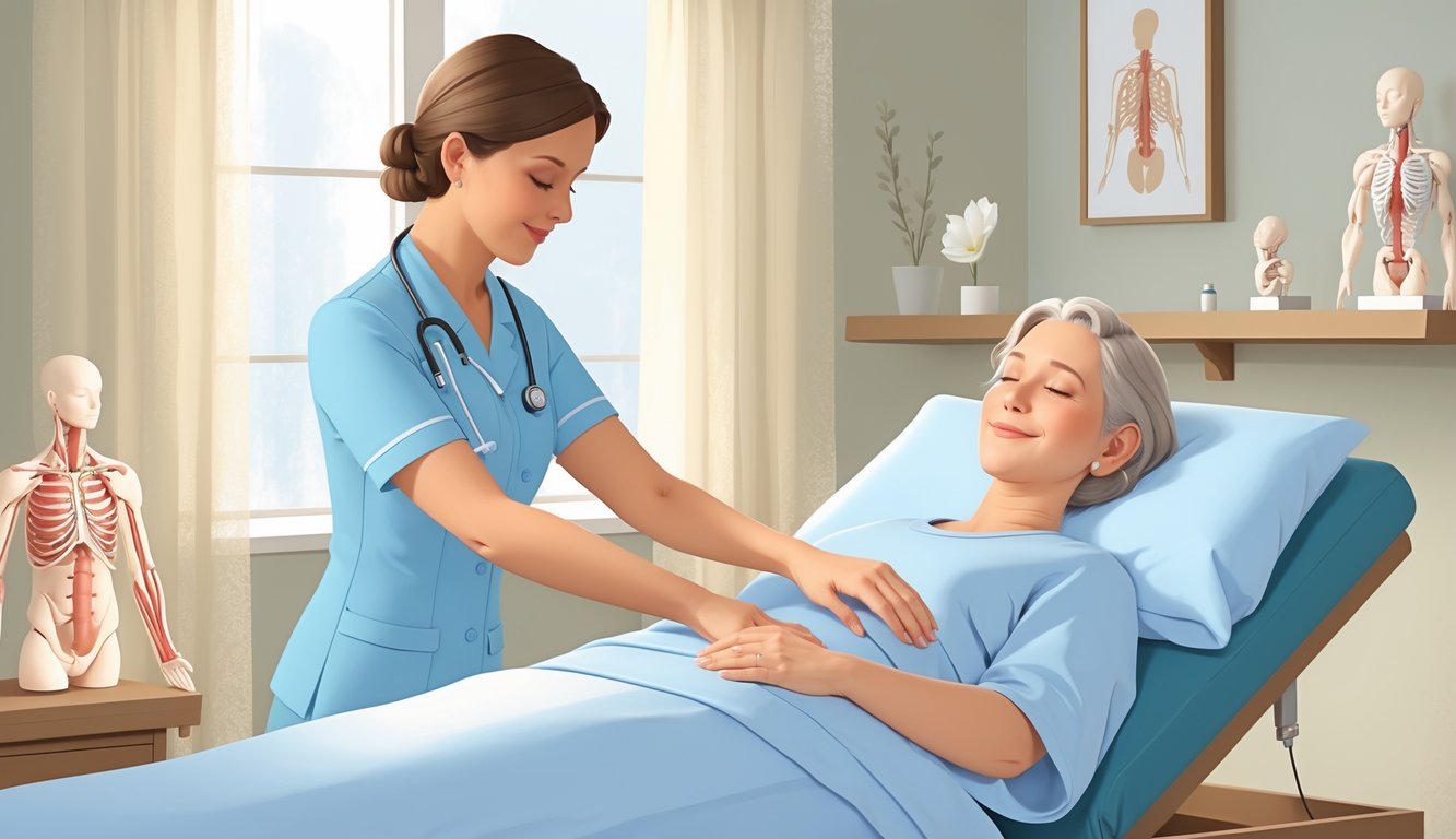 A massage therapist gently performing lymphatic massage on a calm patient in a softly lit therapy room.