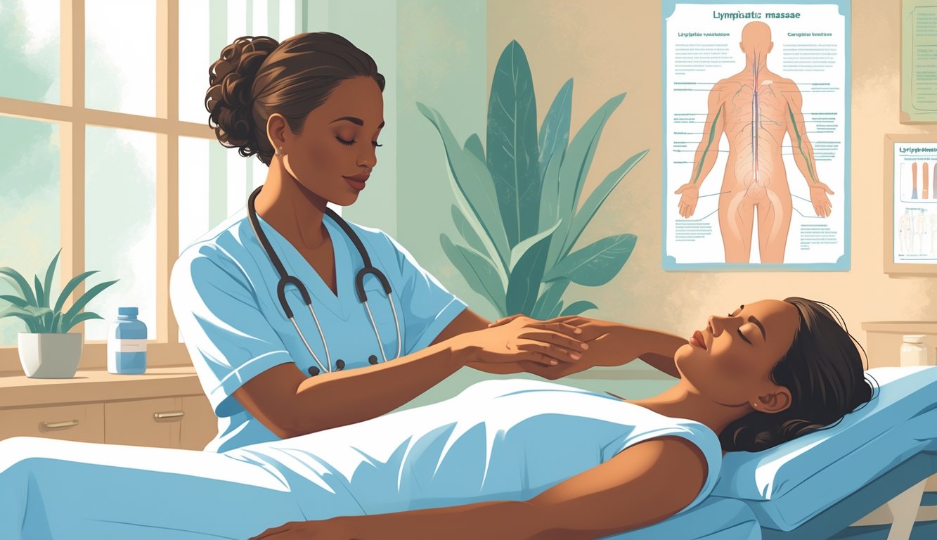 A healthcare professional gently performing lymphatic massage on a relaxed patient in a calm clinical setting.