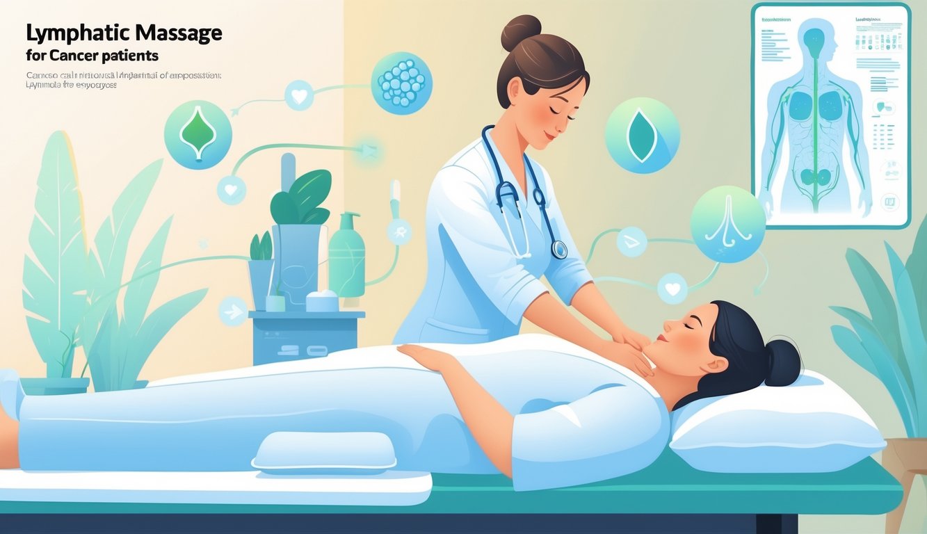 A therapist gently performing lymphatic massage on a relaxed patient in a calm healthcare setting with subtle medical visuals of the lymphatic system in the background.