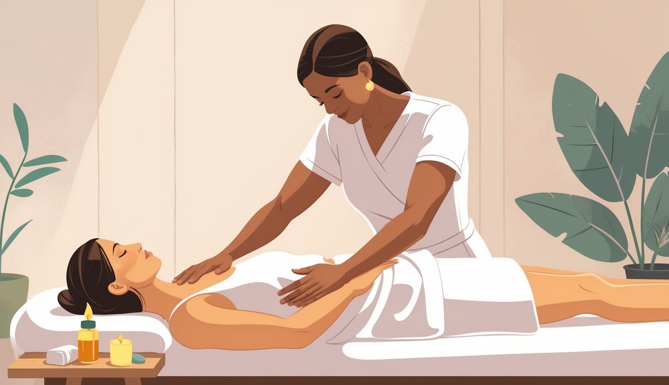 A massage therapist named Leo giving a back massage to a client lying on a massage table in a calm indoor setting.