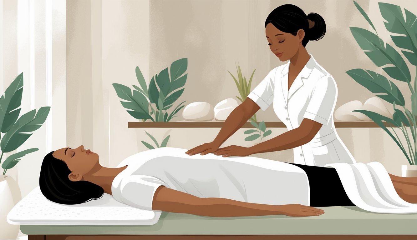 A massage therapist giving a back massage to a client lying on a massage table in a peaceful spa room.
