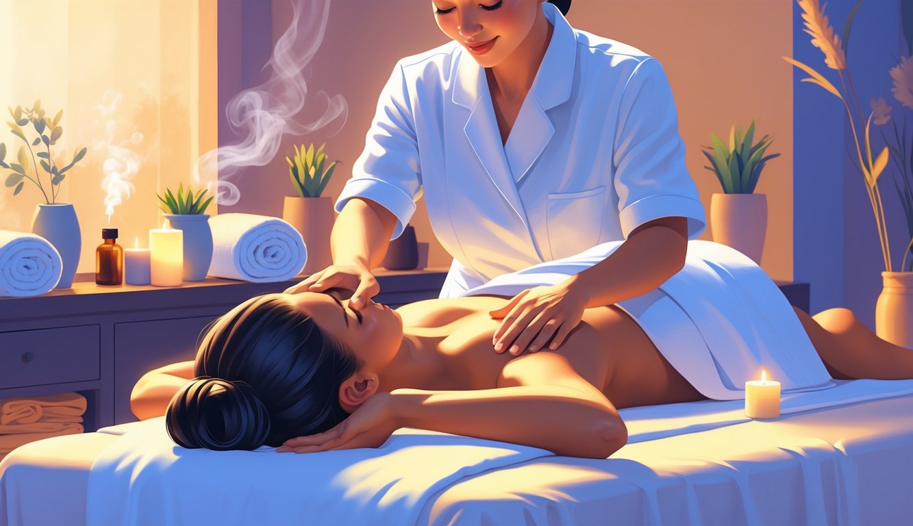 A massage therapist giving a back massage to a client lying on a massage table in a calm spa setting.