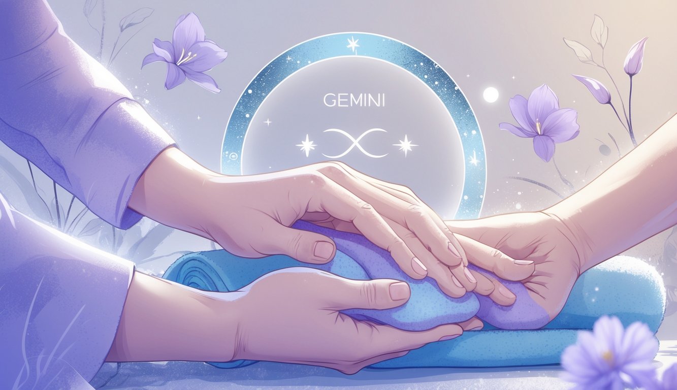 A pair of hands gently massaging another person's hand with soft celestial symbols representing Gemini in the background.