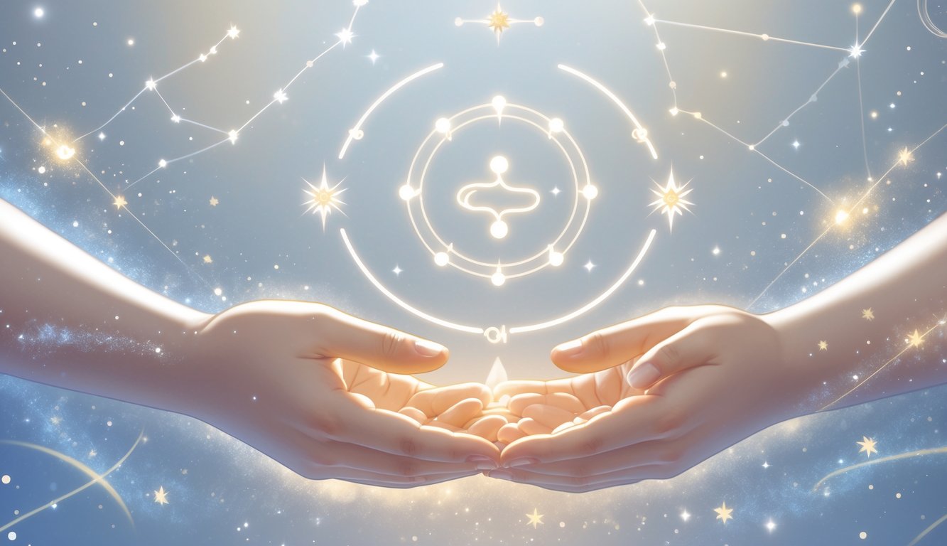 Two hands gently performing a healing hand massage surrounded by glowing Gemini constellation symbols and soft cosmic light.