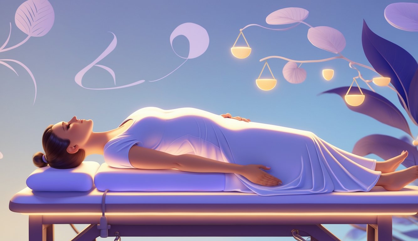 A person receiving a lower back massage with Libra scales subtly incorporated in the background to symbolize balance.
