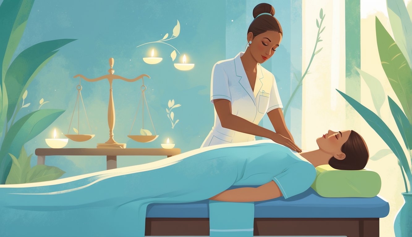 A person receiving a lower back massage from a therapist in a calm spa setting with balanced scales subtly included in the background.
