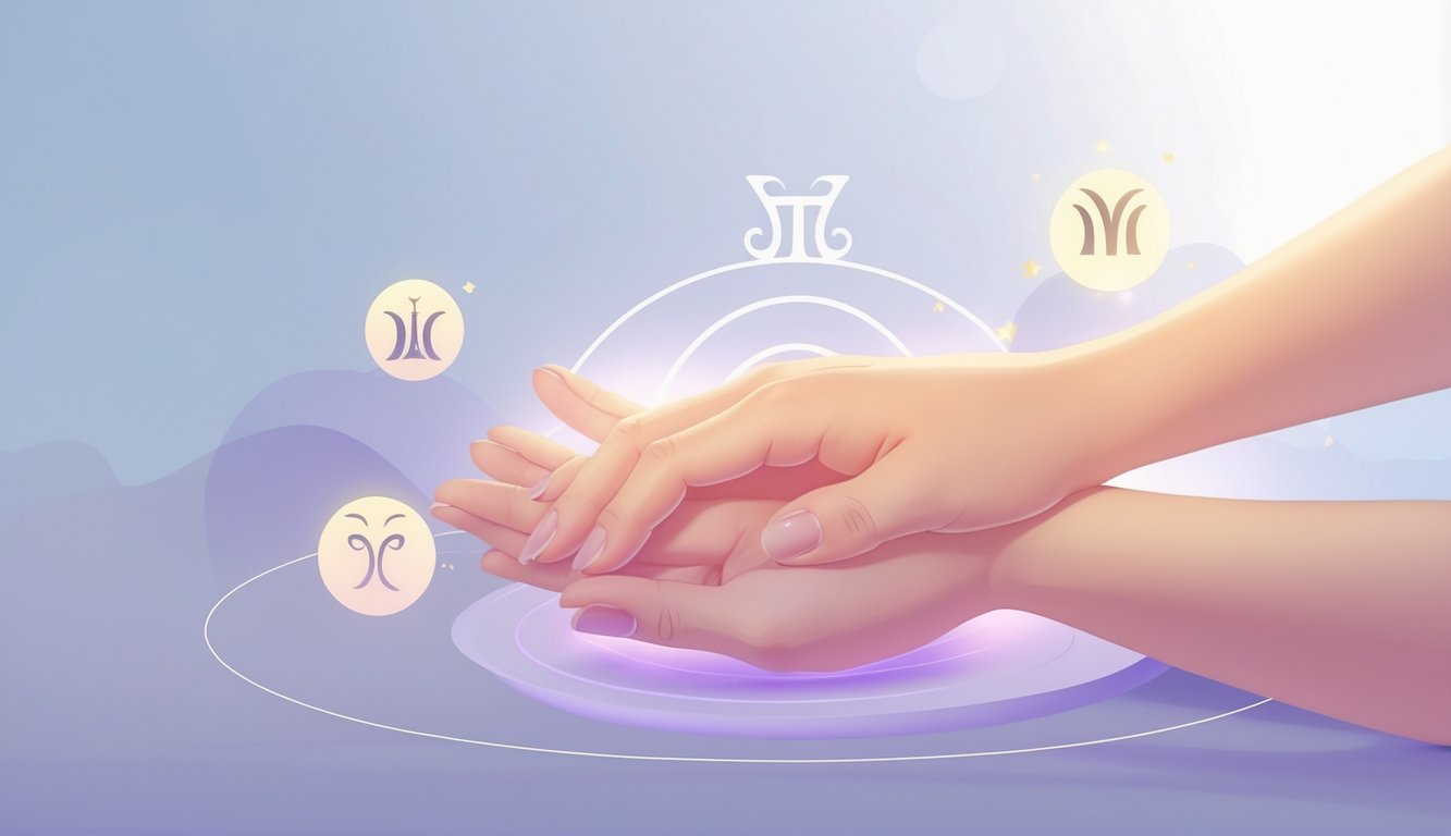 Two hands engaged in a gentle hand massage with subtle Gemini zodiac symbols in the background.