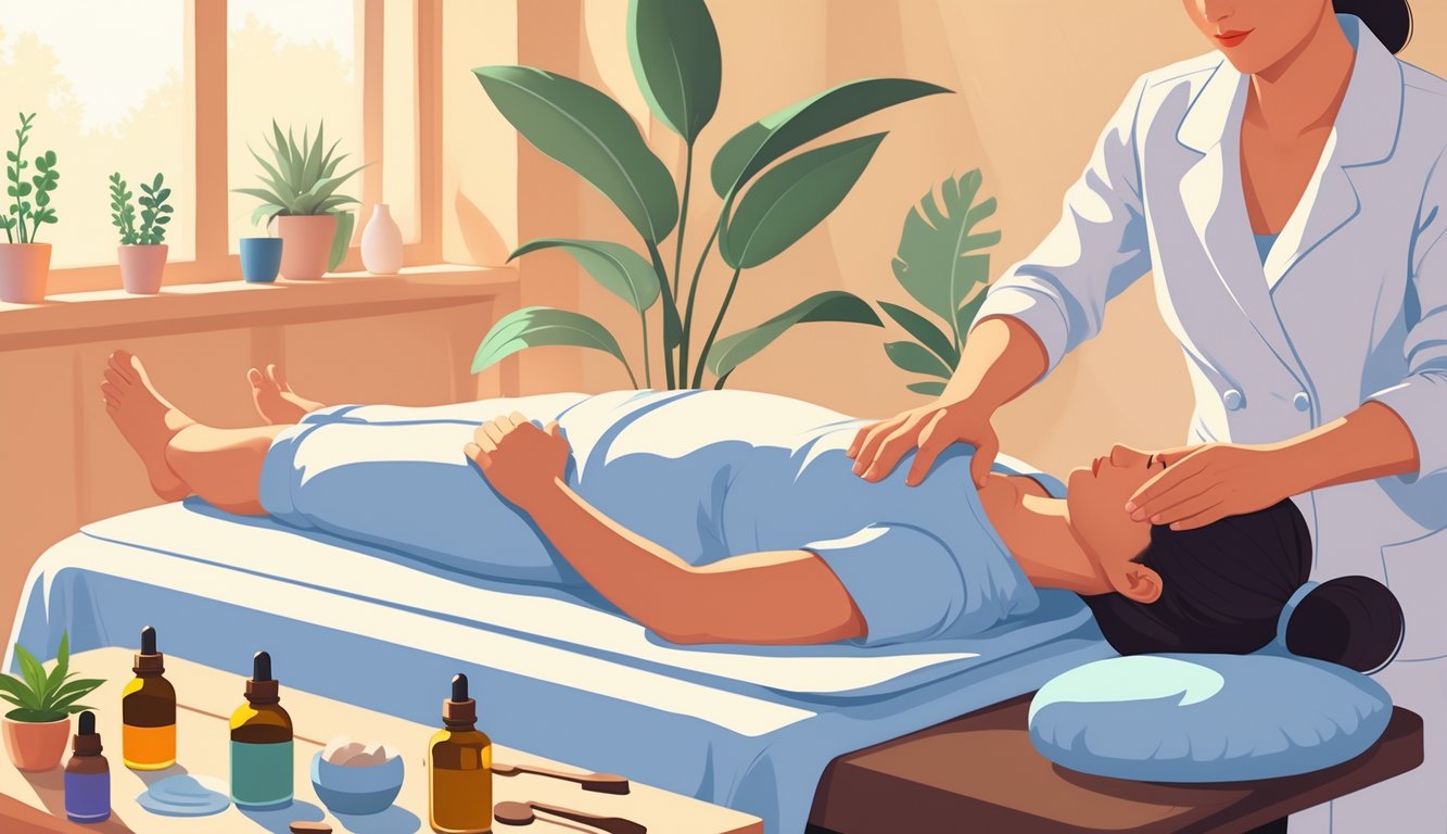 A person receiving a lower back massage from a therapist in a calm wellness setting.