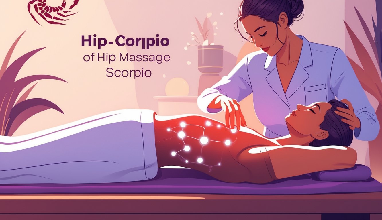 A massage therapist performing a focused hip massage on a person lying on their side, with subtle Scorpio zodiac symbols in the background.
