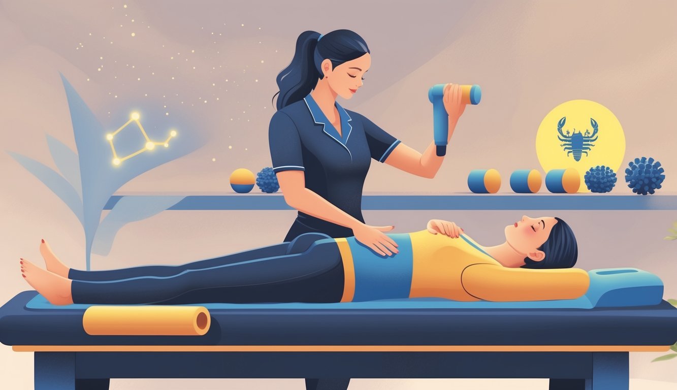 A therapist performing a hip massage on a person lying on a massage table, with massage tools nearby and a subtle Scorpio constellation in the background.