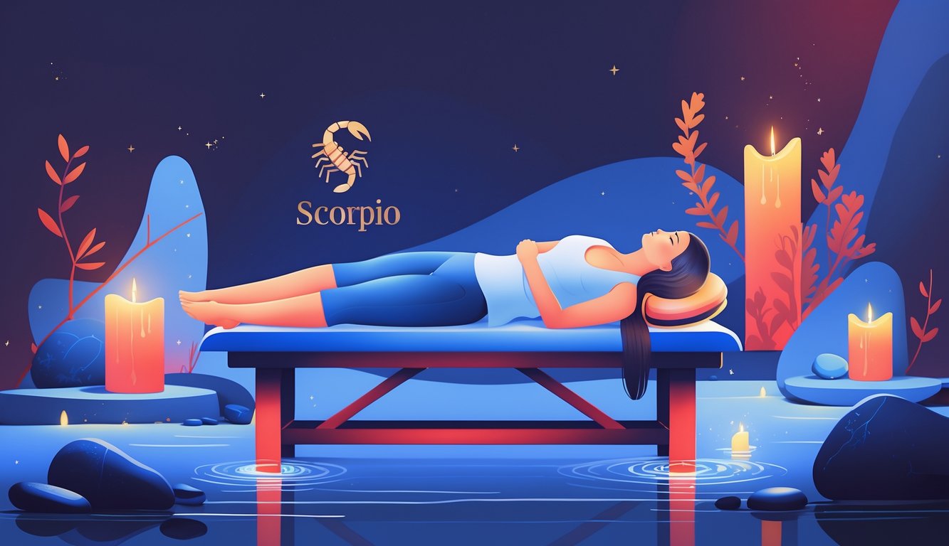 A person receiving a hip massage from a therapist in a calm room with soft lighting and subtle Scorpio-themed decorations.