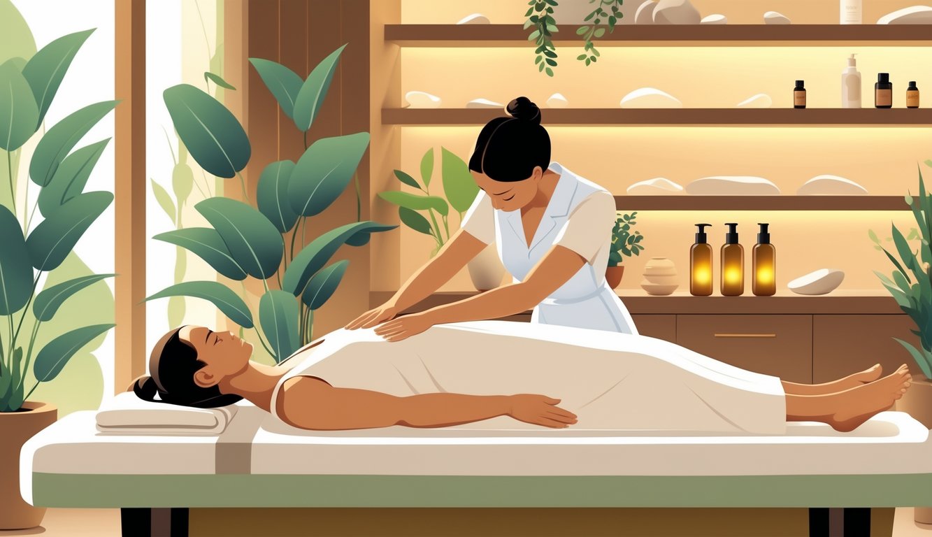 A massage therapist giving a full body massage to a client lying on a massage table in a calm and peaceful spa room.