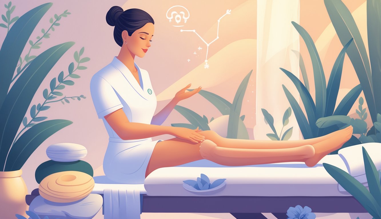 A massage therapist gently massaging a person's legs in a calm spa setting with subtle Capricorn symbols in the background.