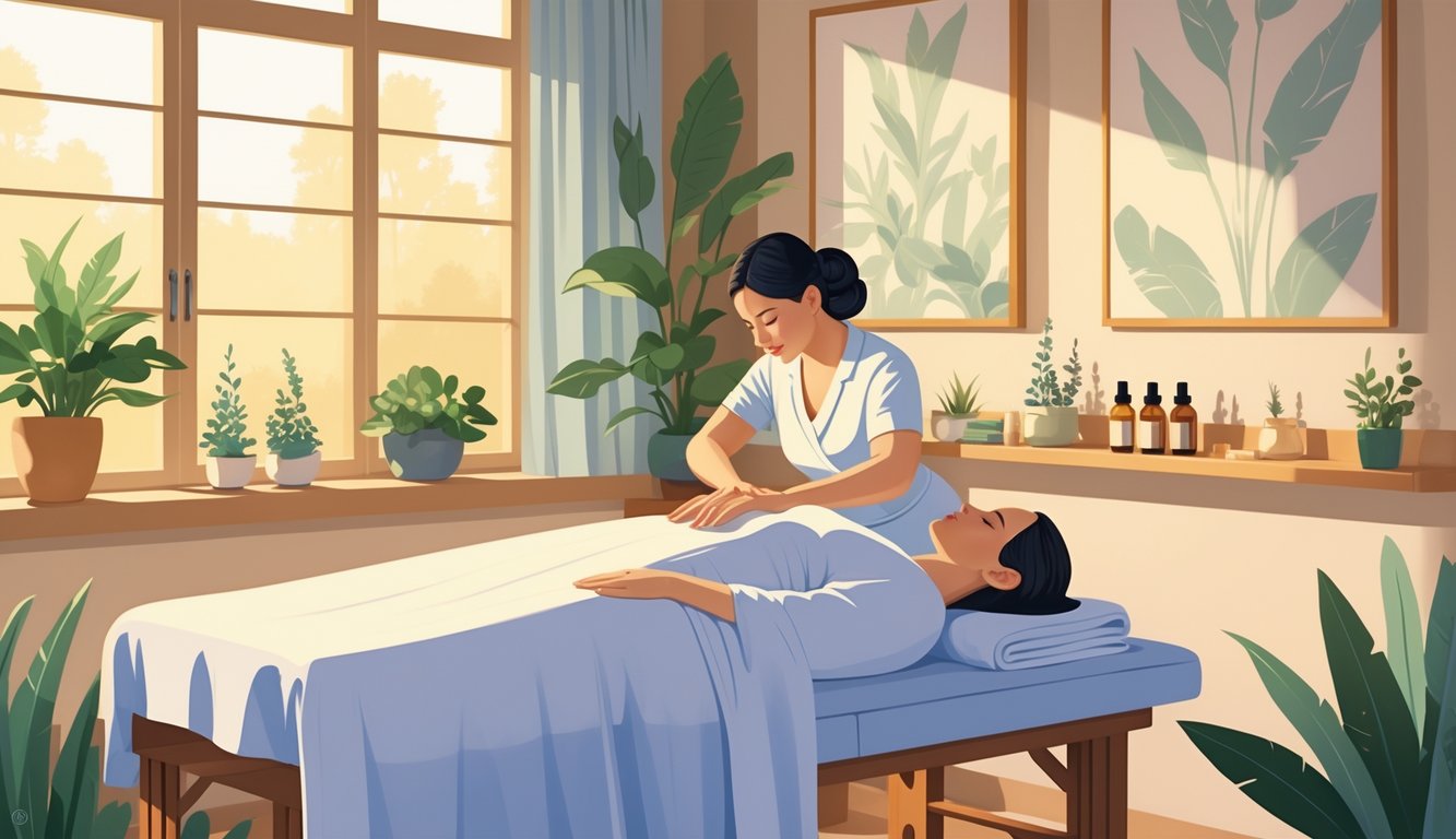 A massage therapist giving a full body massage to a client lying on a massage table in a calm, softly lit therapy room with plants and natural light.