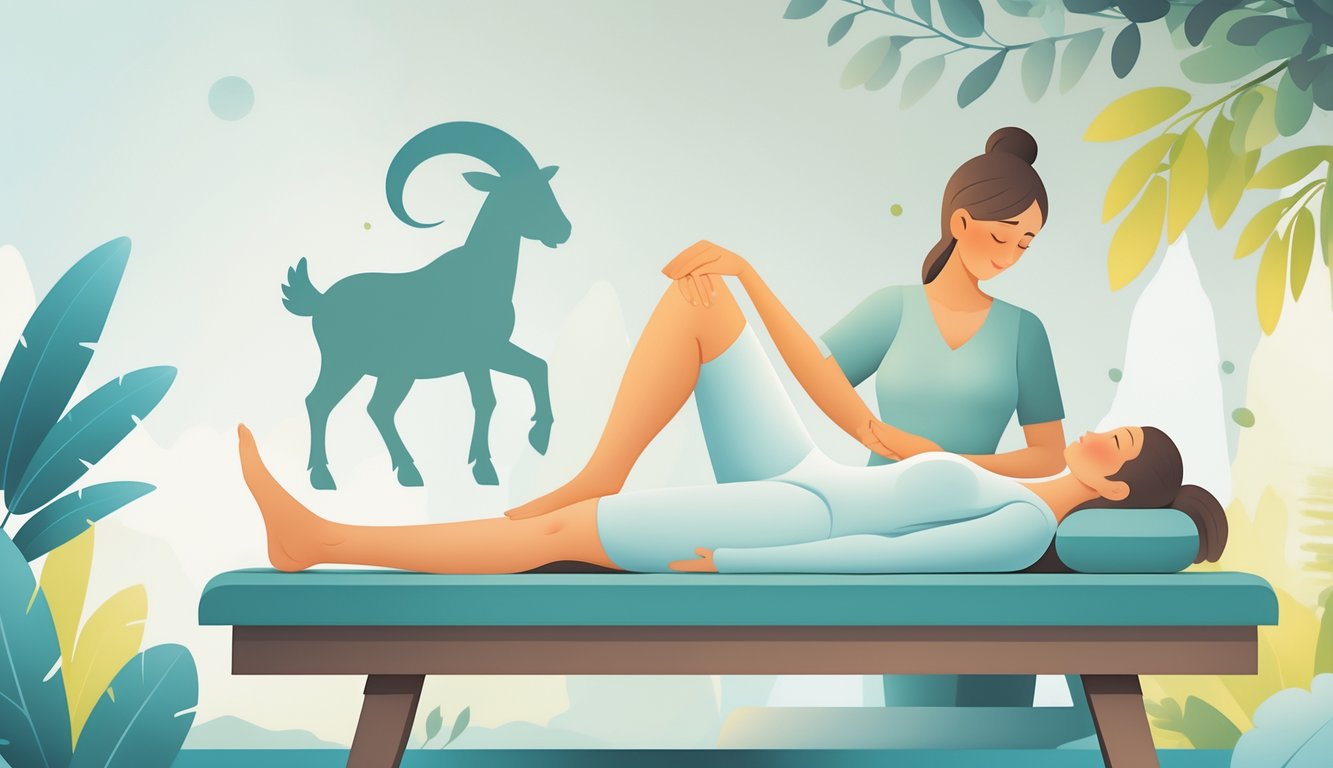 A person receiving a leg massage from a therapist in a calm spa setting with subtle Capricorn symbols in the background.