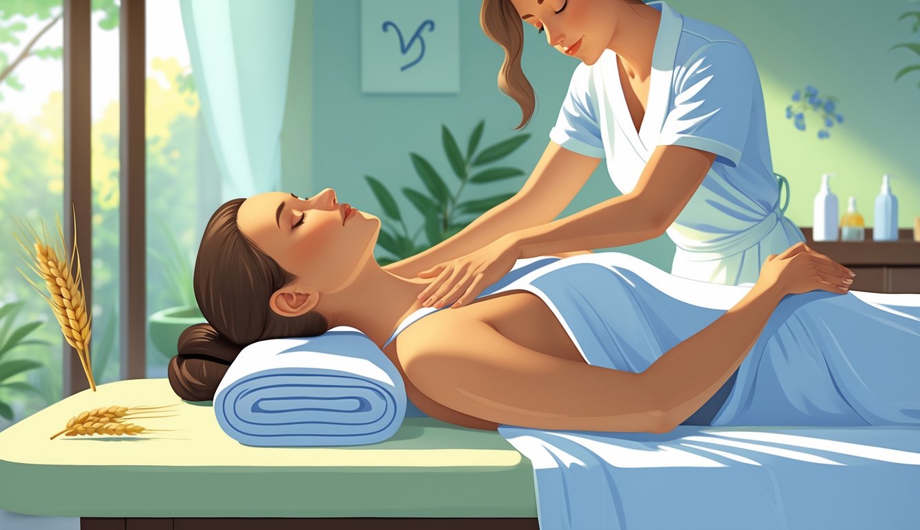 A woman lying face down on a massage table receiving a full body massage in a peaceful spa room with calming decor and plants.