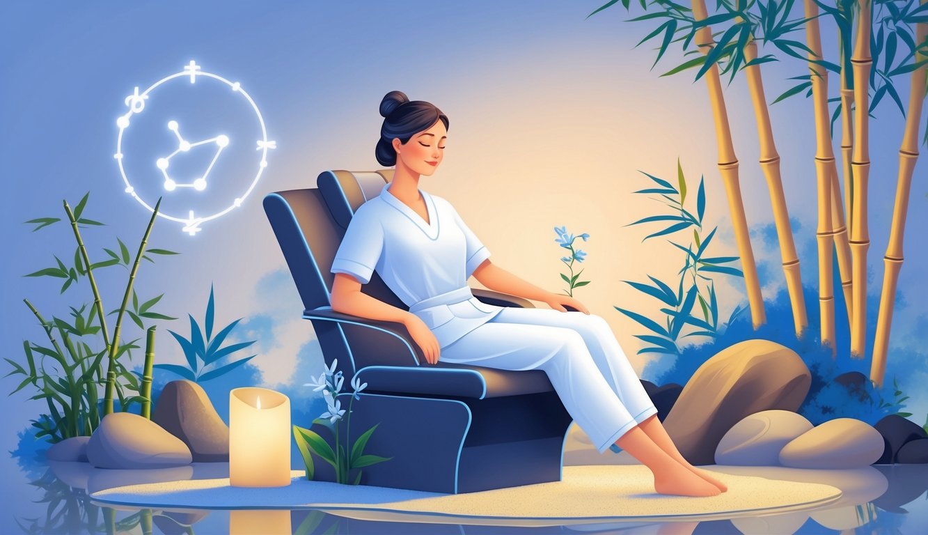 A person receiving a leg massage from a therapist in a peaceful spa setting with soft lighting and natural decorations.