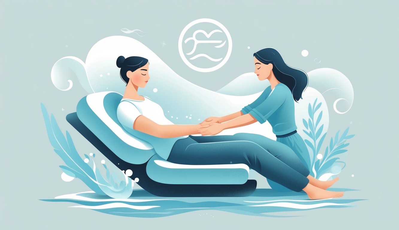 A person receiving a gentle ankle massage with subtle Aquarius symbols and flowing water patterns surrounding them.