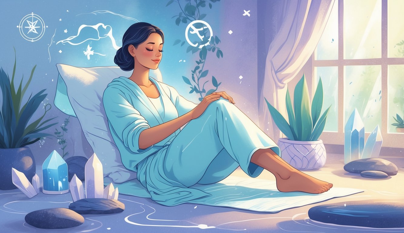 A person receiving a relaxing ankle massage in a peaceful room decorated with plants and soft natural light, with subtle Aquarius zodiac elements around them.